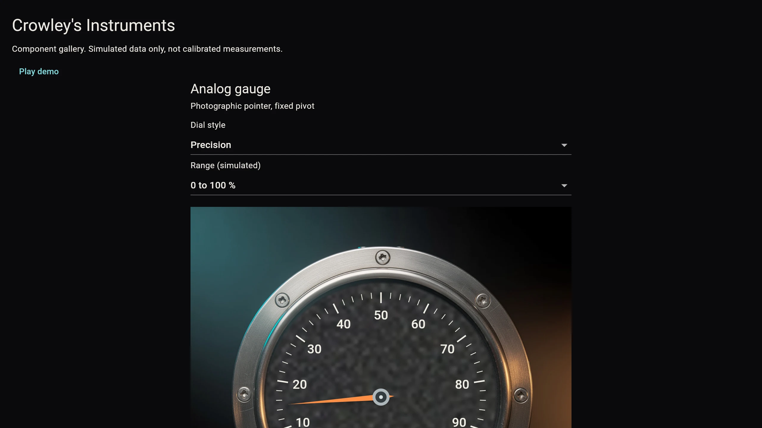 Crowley's Instruments gallery preview - a photographic analog gauge with an illuminated needle on a dark background