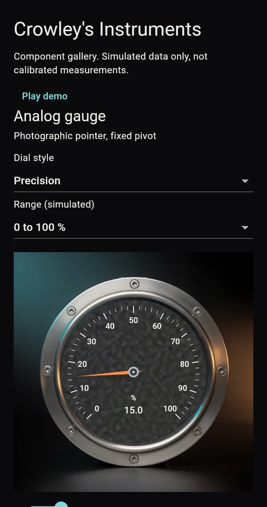 The same gallery on a phone sized screen, showing the heading, the play button and an instrument