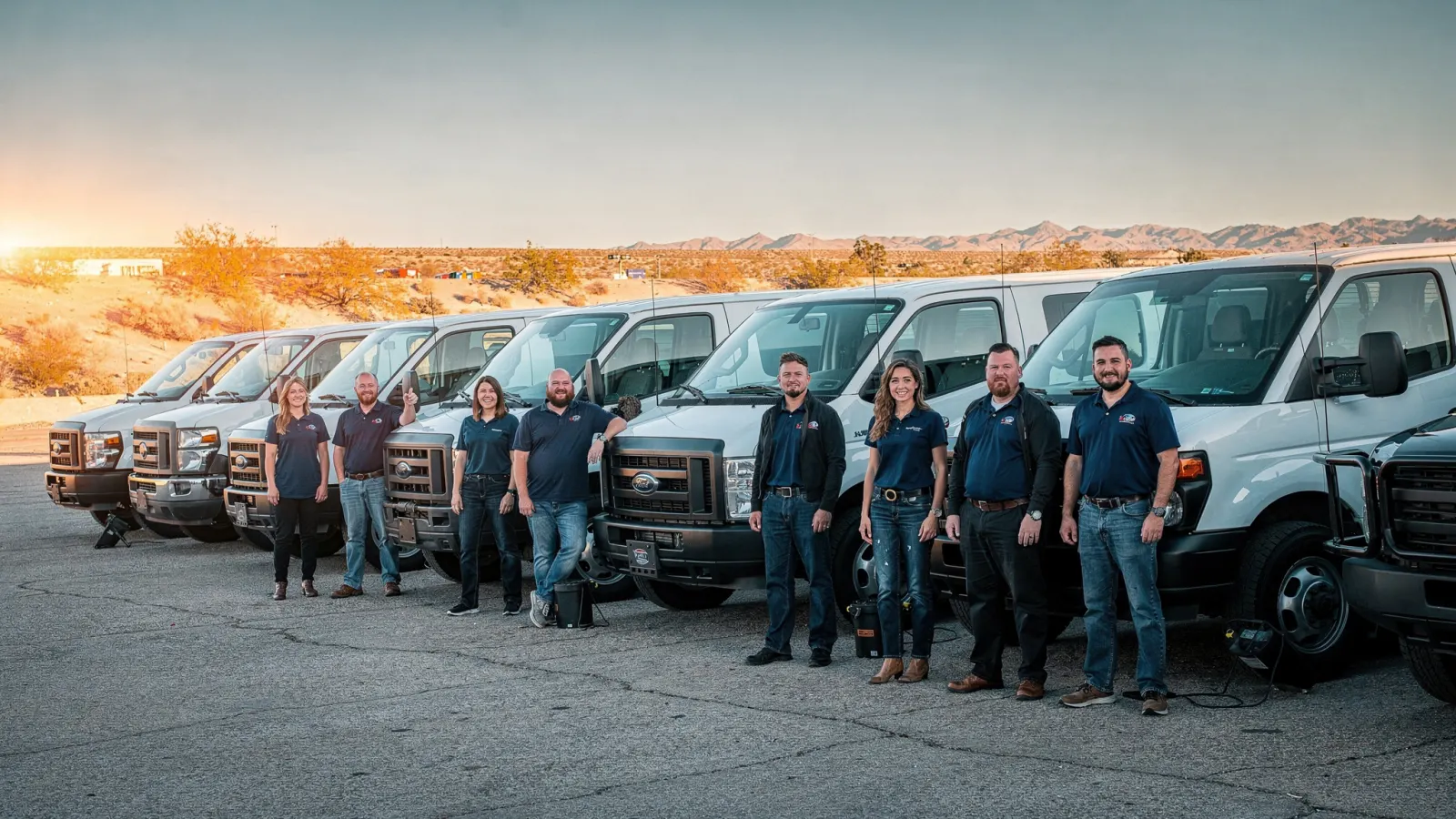 Team of technicians in navy work shirts standing beside service vans at a desert depot