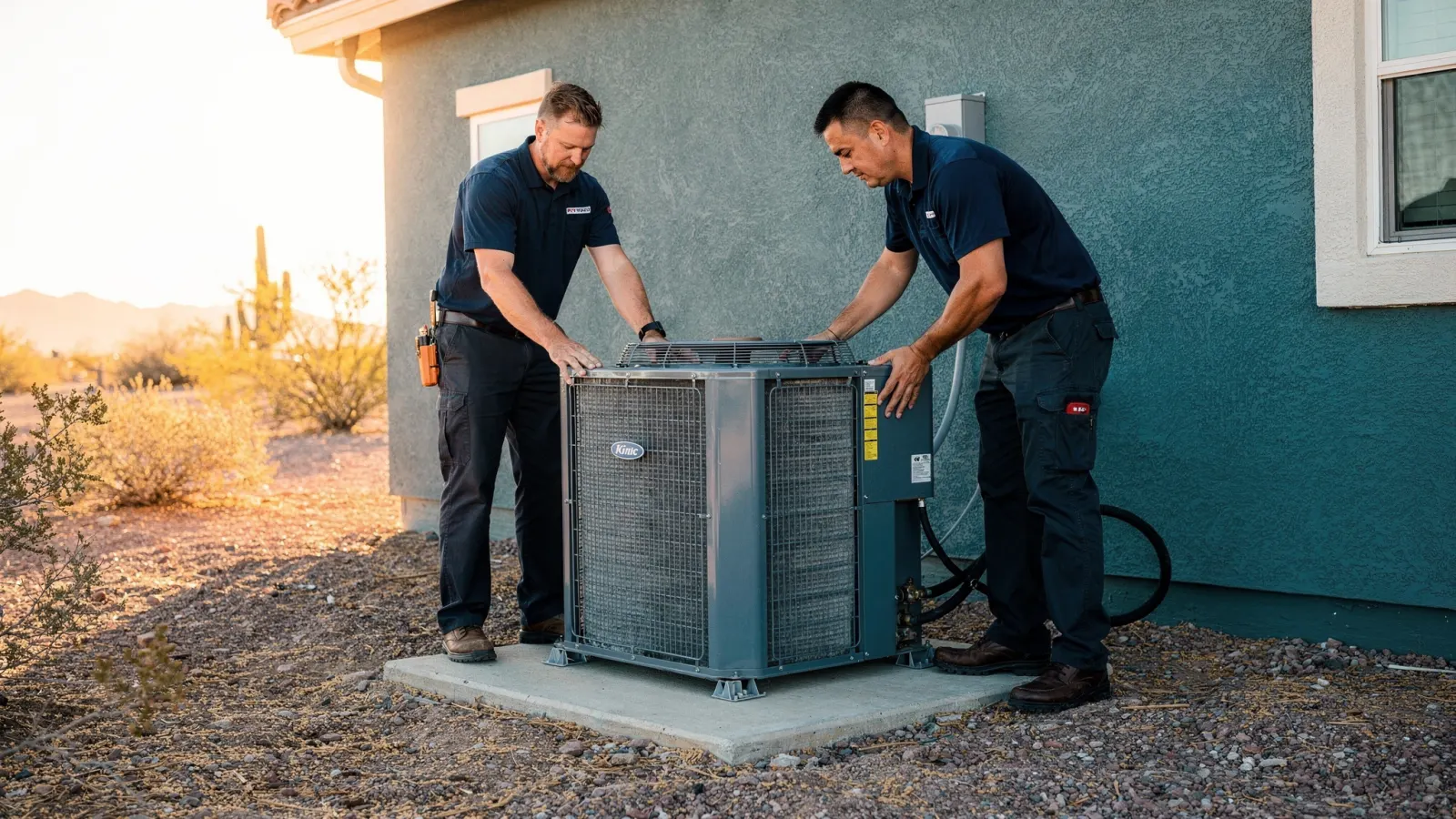 New AC condenser unit being set on a pad beside a desert home during installation