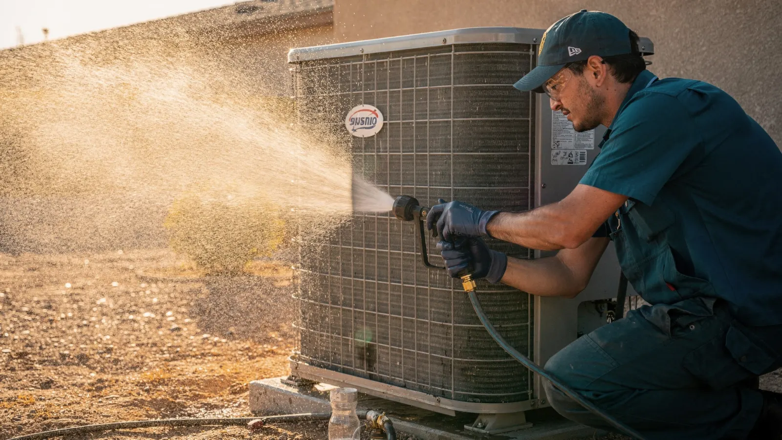 Technician rinsing AC condenser coils with a hose during a spring cooling tune-up