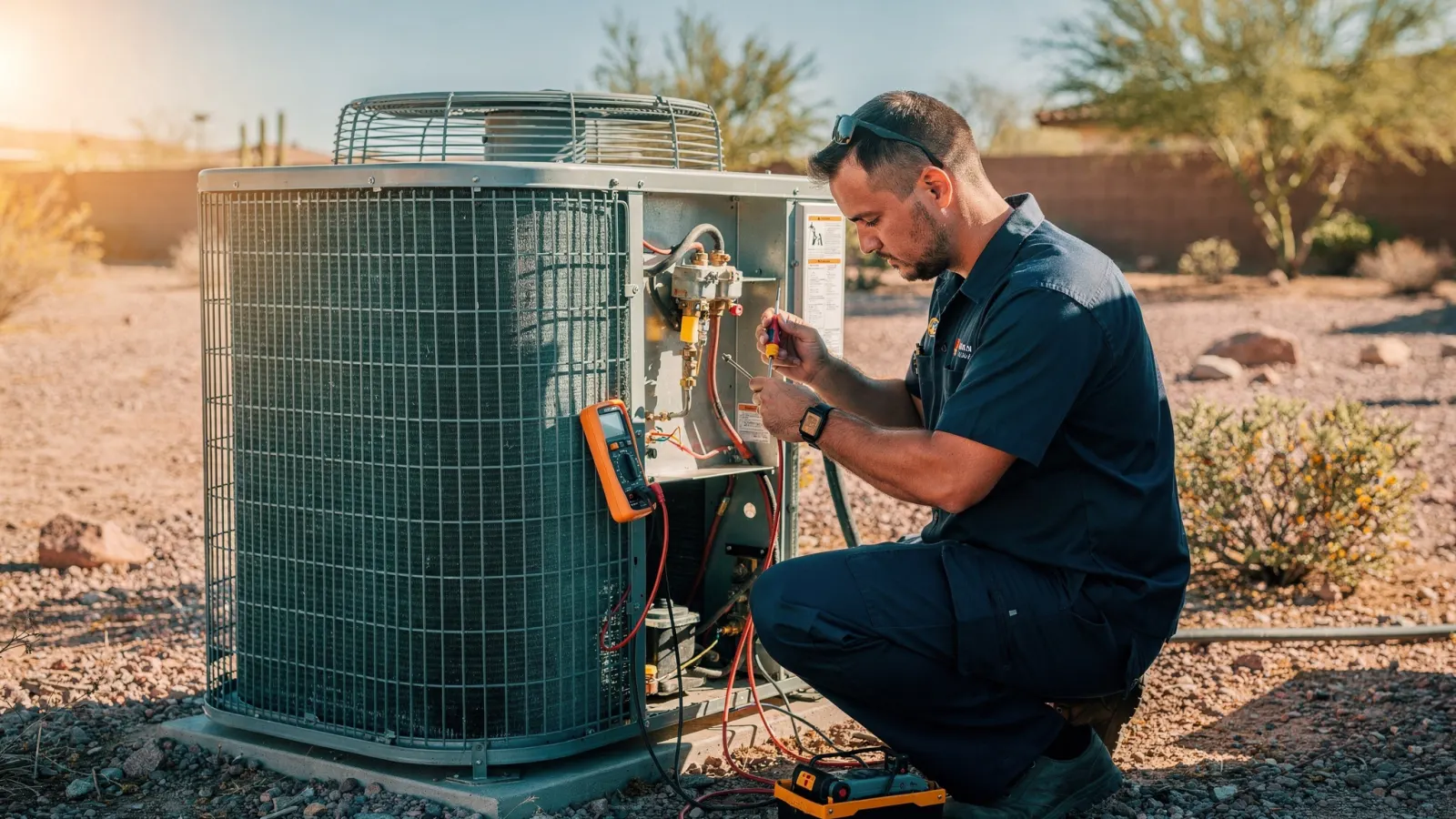 HVAC technician testing an outdoor air conditioning condenser unit in a desert backyard