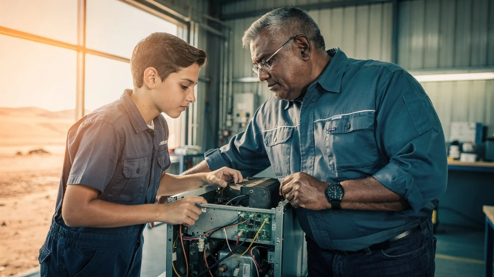 Apprentice electrician learning from a senior technician over an open mechanical unit