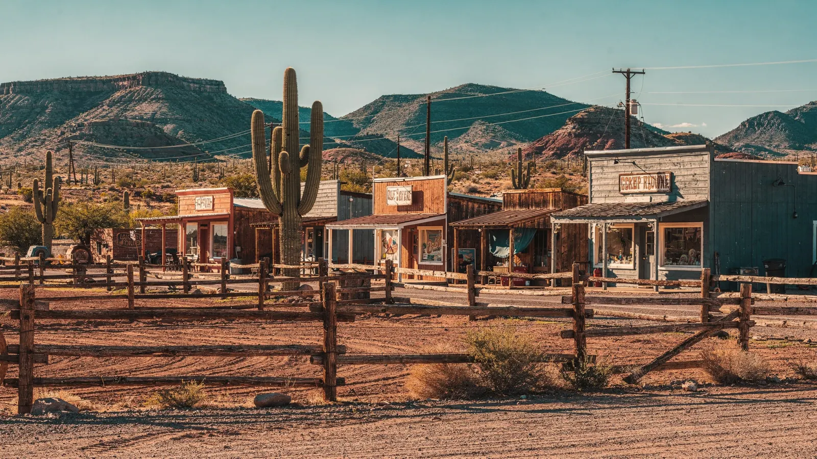Rural Cave Creek Arizona with ranch fencing, saguaro cactus, dusty storefronts and mesas