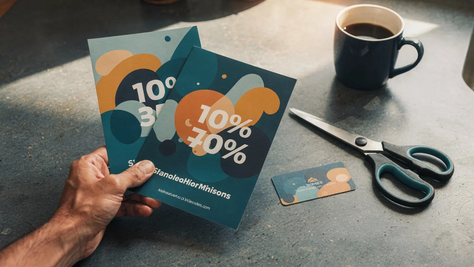Seasonal service promotion mailers and scissors on a kitchen counter beside a coffee mug