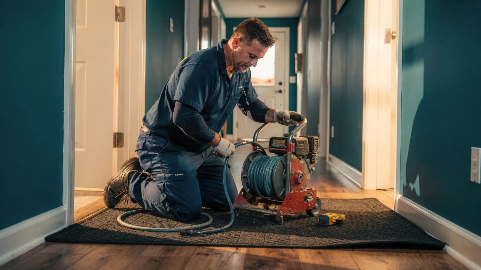 Drain cleaning machine with coiled cable ready for a residential main line