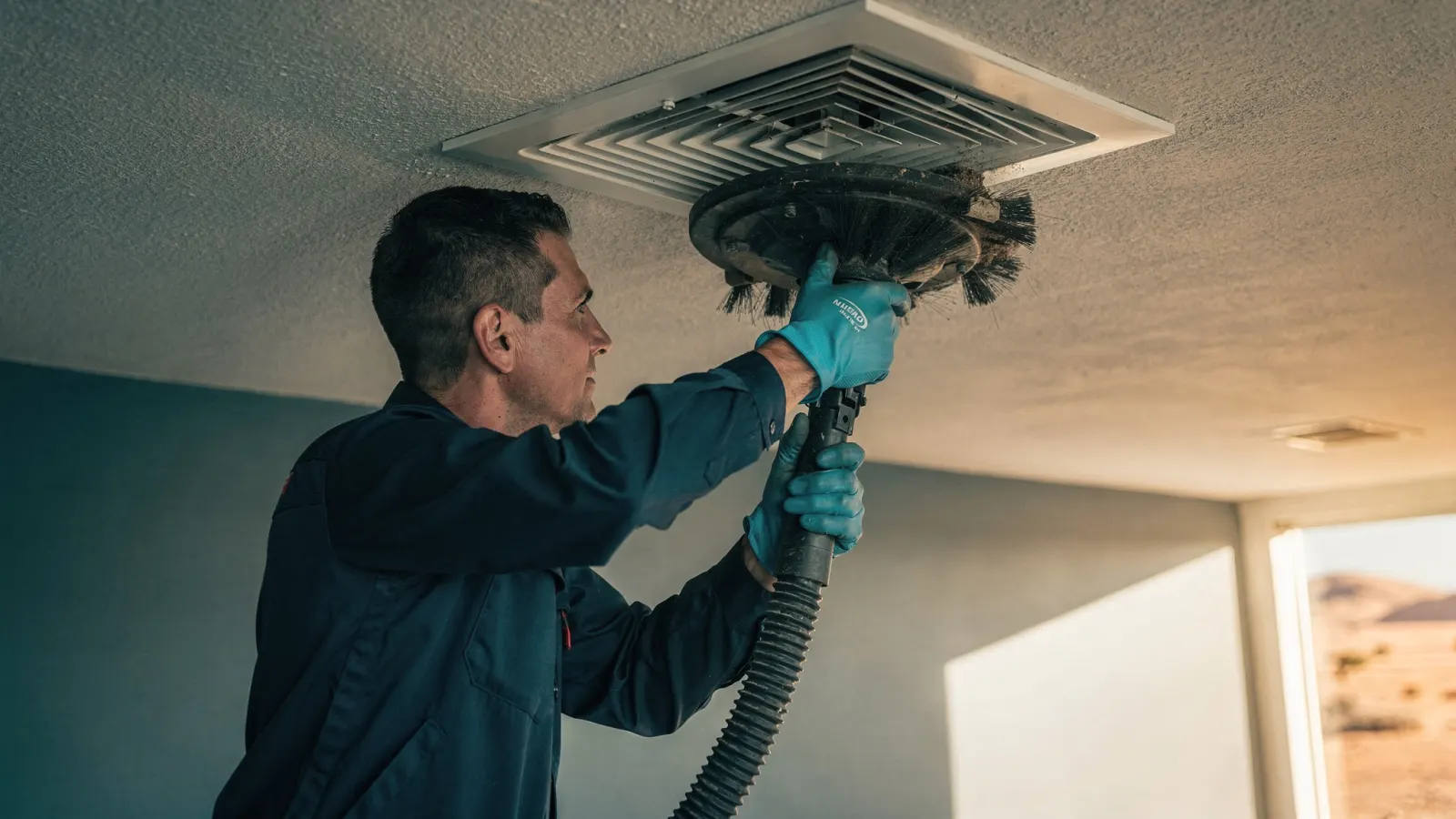 Technician cleaning a ceiling supply vent with a vacuum hose and rotating brush