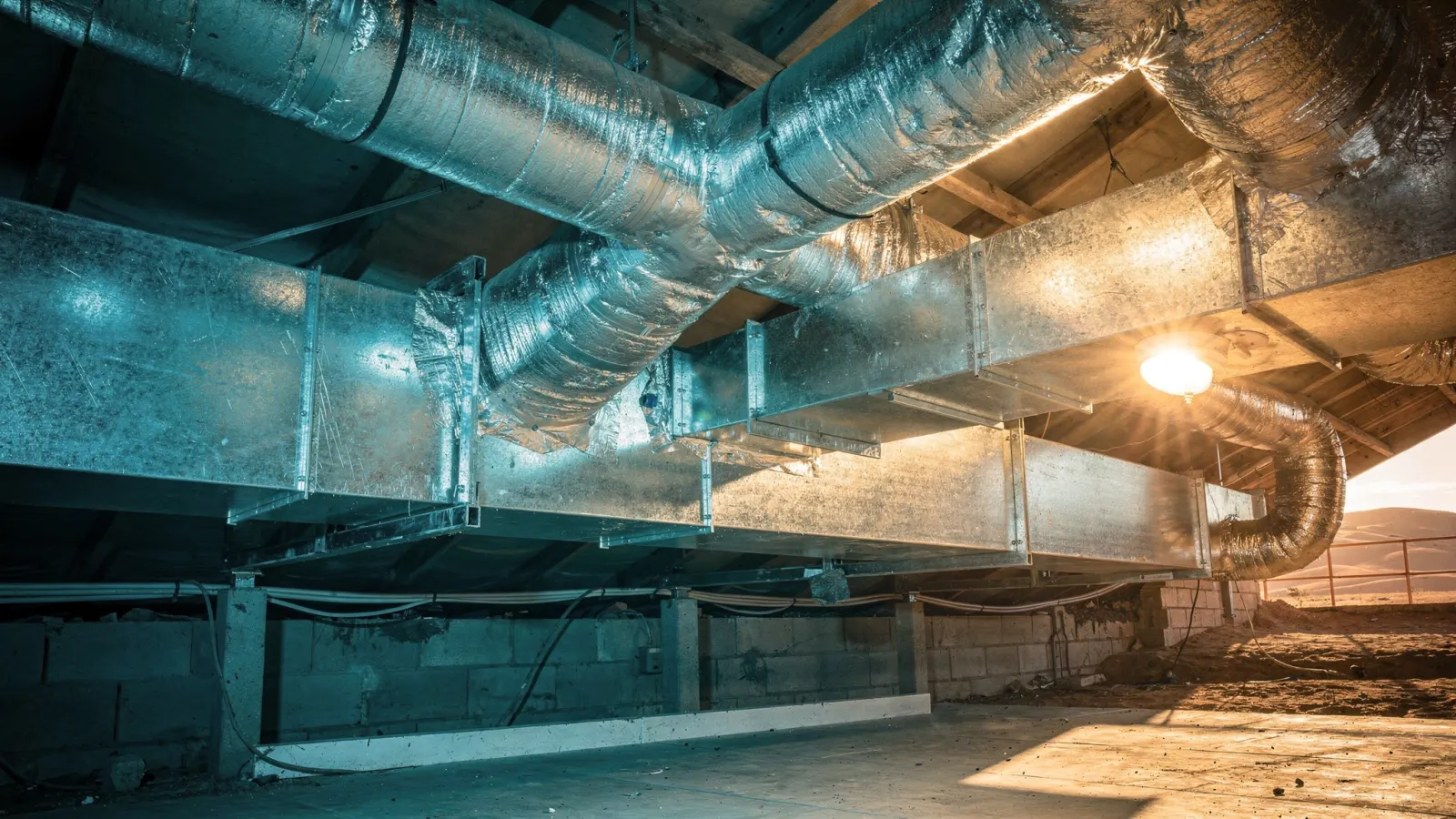 New galvanized sheet metal ductwork installed in a residential attic with work lighting