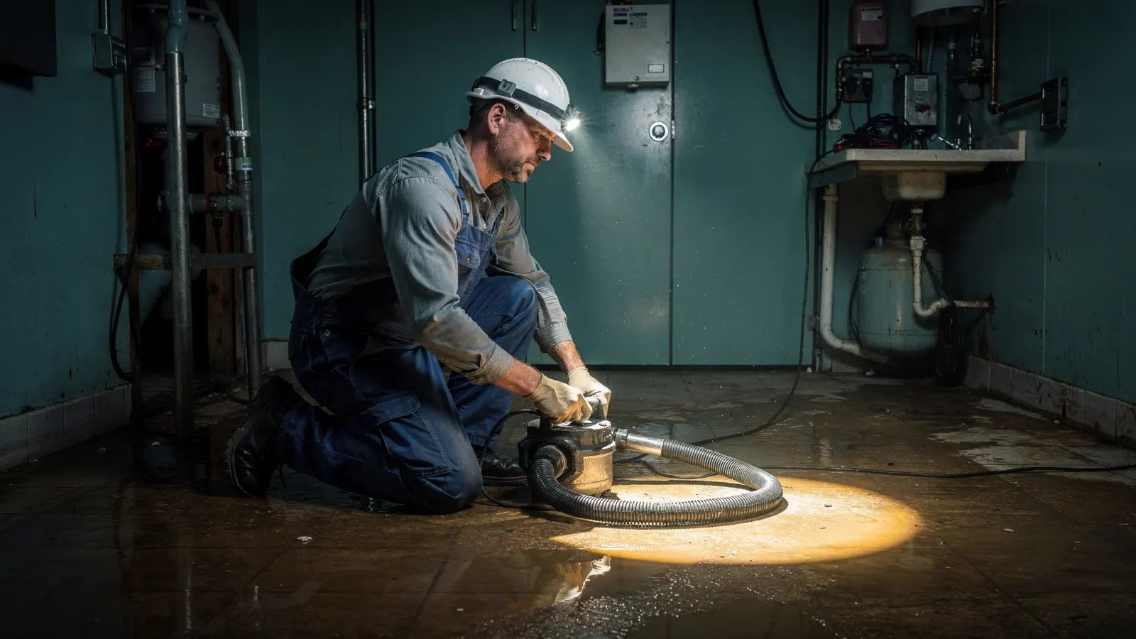 Plumber with a headlamp working in a flooded utility room at night with a wet vacuum