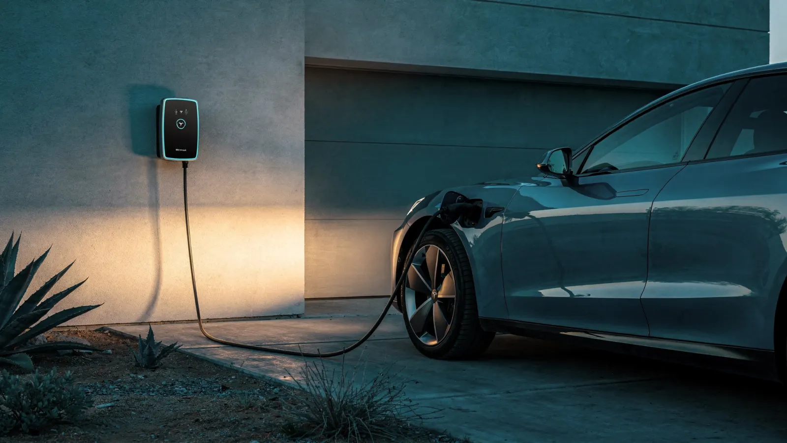 Wall mounted EV charger connected to an electric SUV in a desert home driveway at dusk