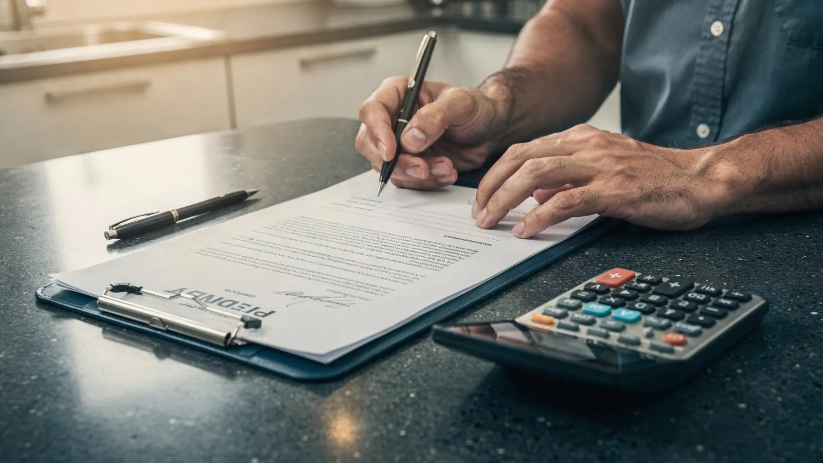 Homeowner signing financing paperwork on a clipboard at a kitchen counter with a calculator