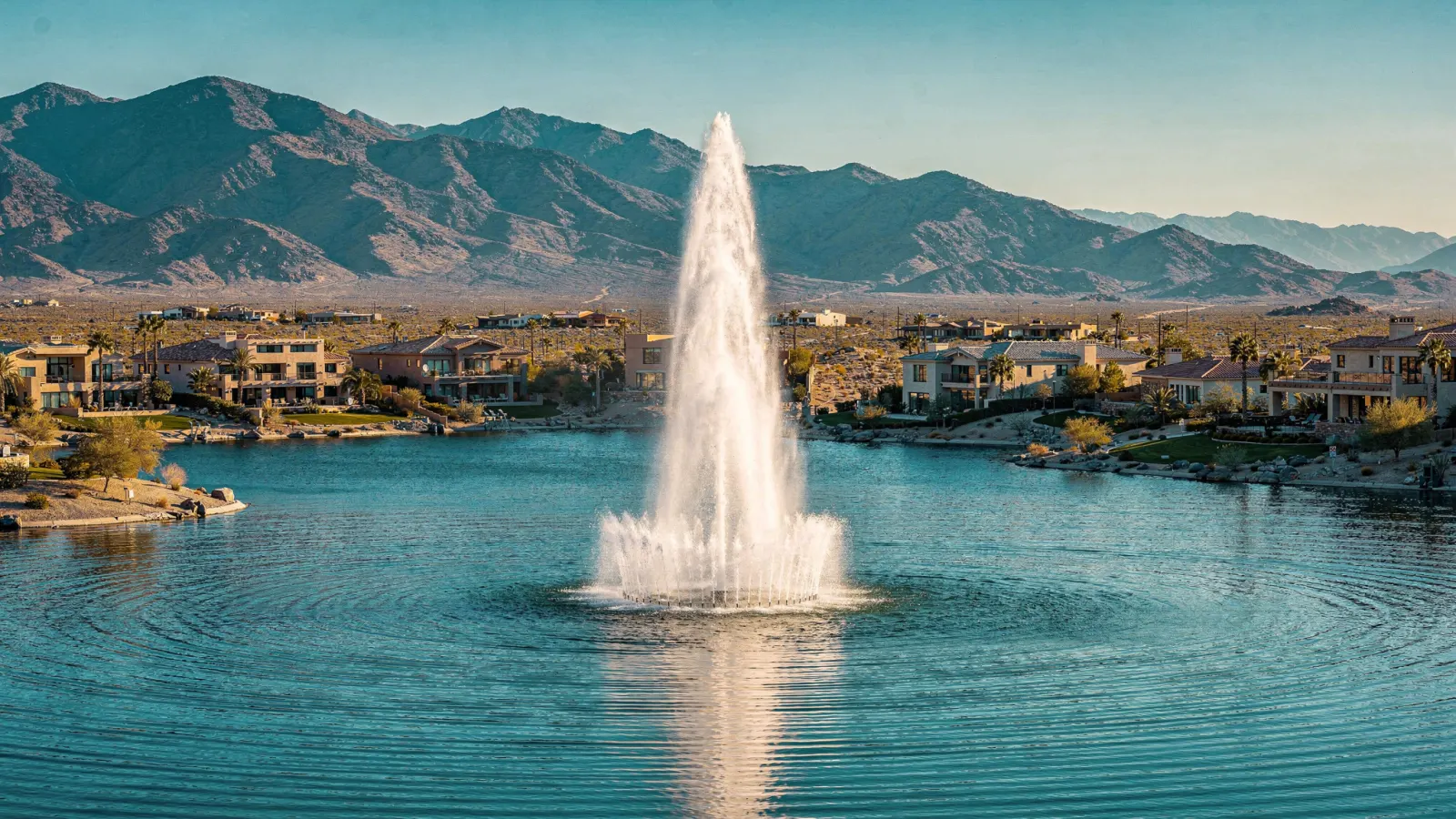 Fountain Hills fountain rising from a desert lake ringed by mountains and homes