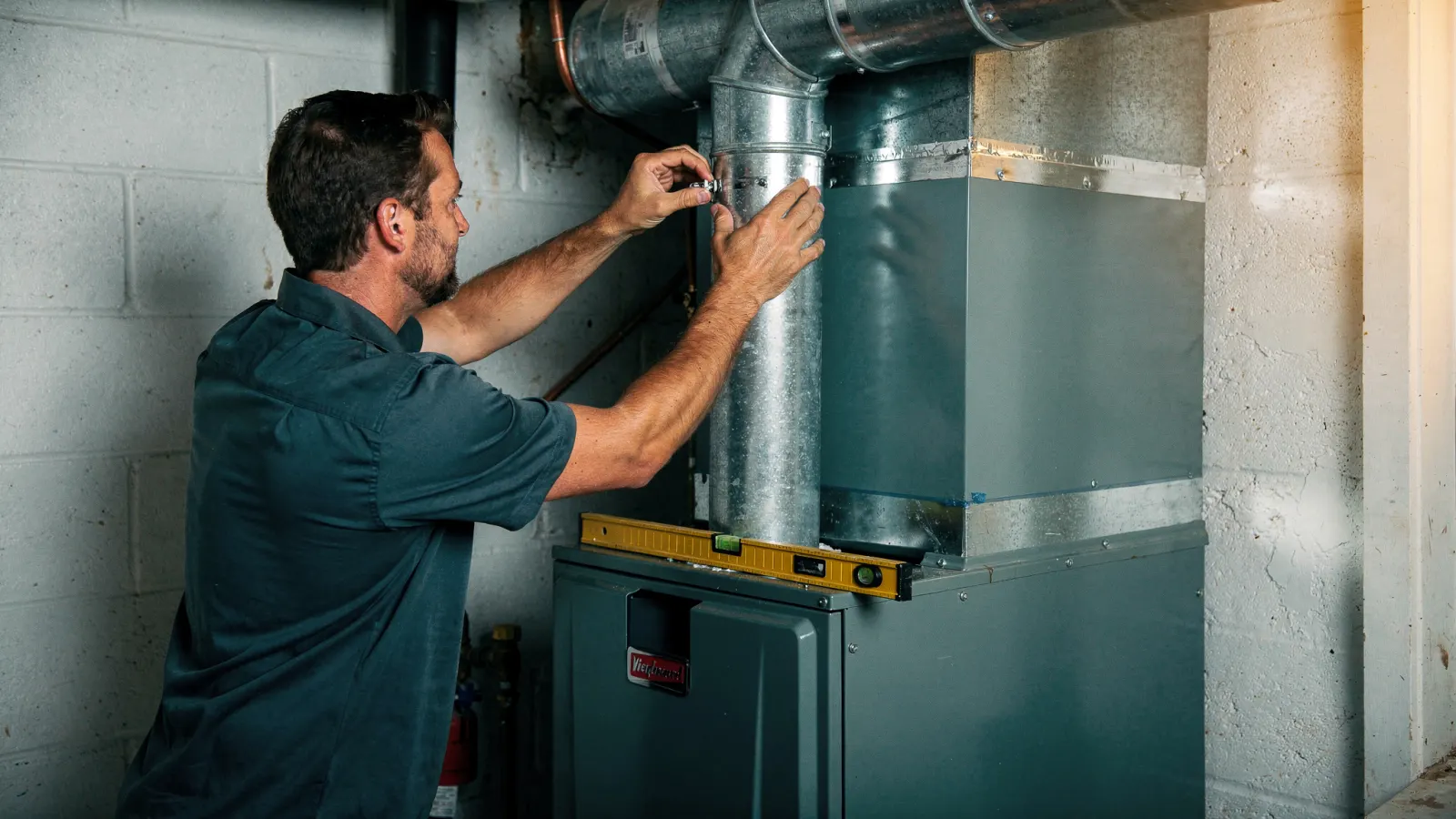 Installer securing vent pipe above a newly installed furnace in a utility room