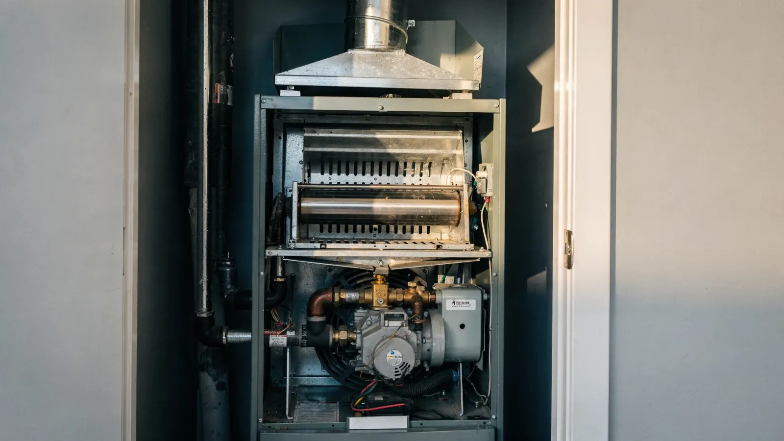 Close view of the burner compartment of a modern high-efficiency gas furnace
