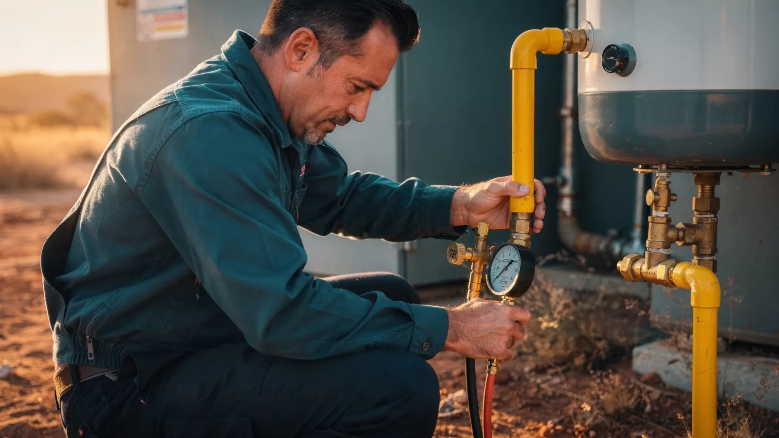 Technician pressure testing a yellow-coated gas supply line with a brass gauge near a water heater