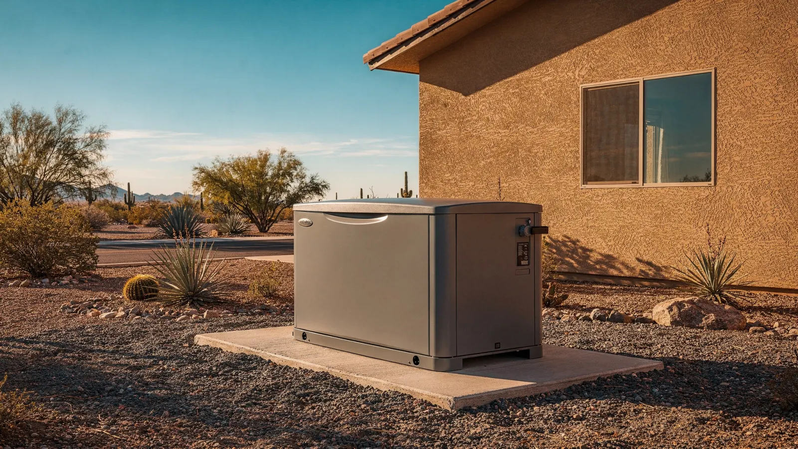 Standby home generator installed on a concrete pad beside a desert stucco home