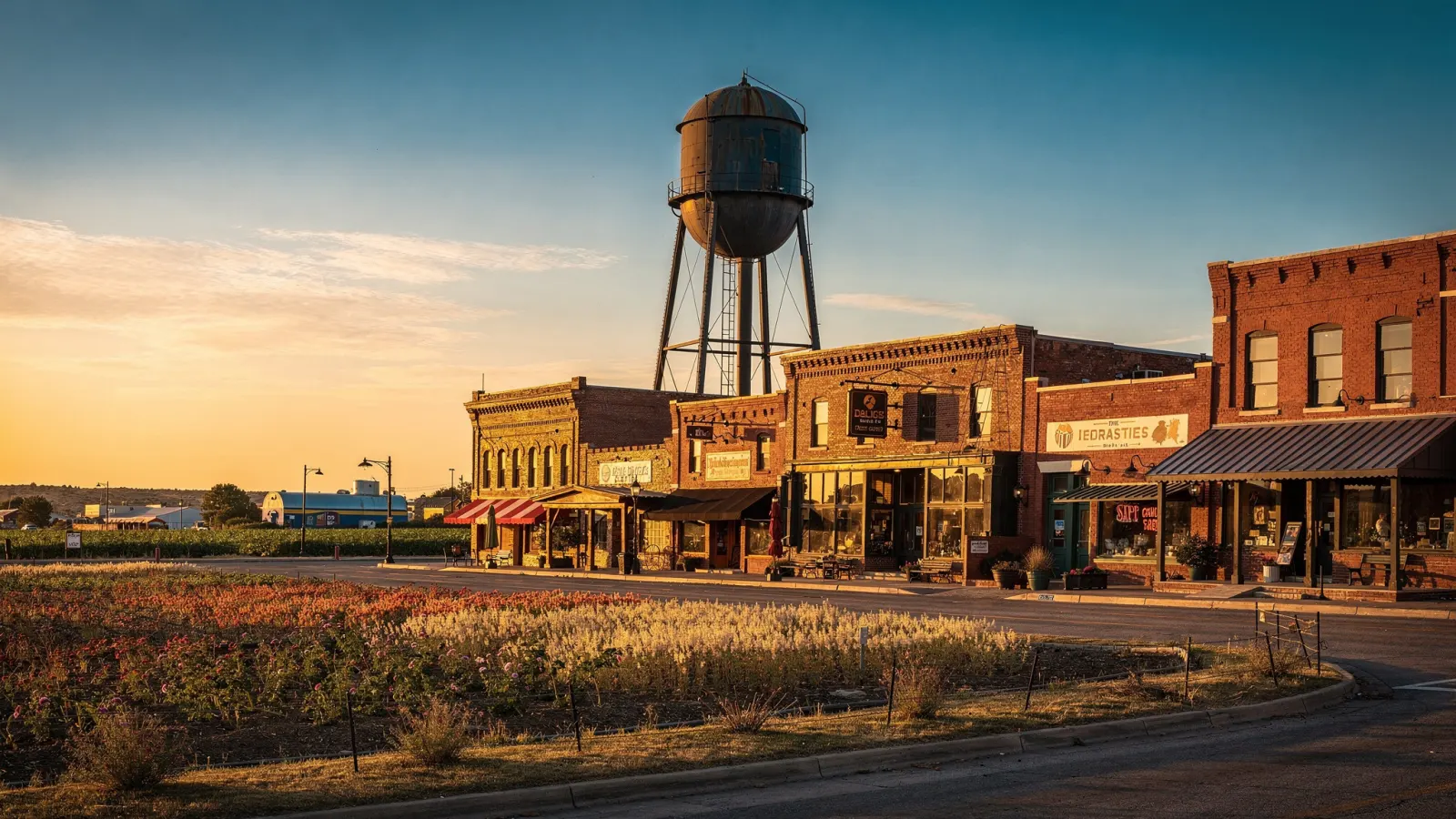 Gilbert Arizona heritage downtown with a classic water tower and warm brick storefronts