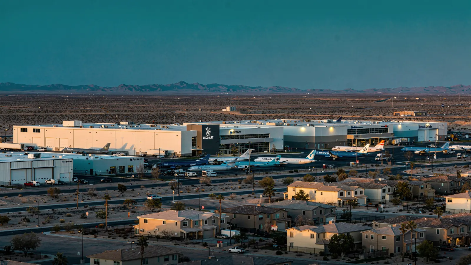 Goodyear Arizona industrial business park beside desert residential neighborhoods at evening
