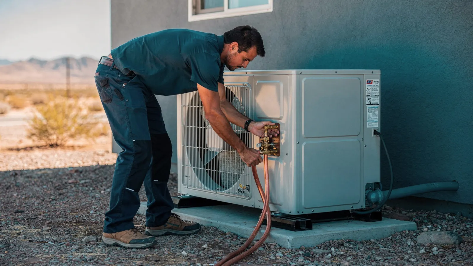 Technician connecting insulated refrigerant lines to a new heat pump outdoor unit