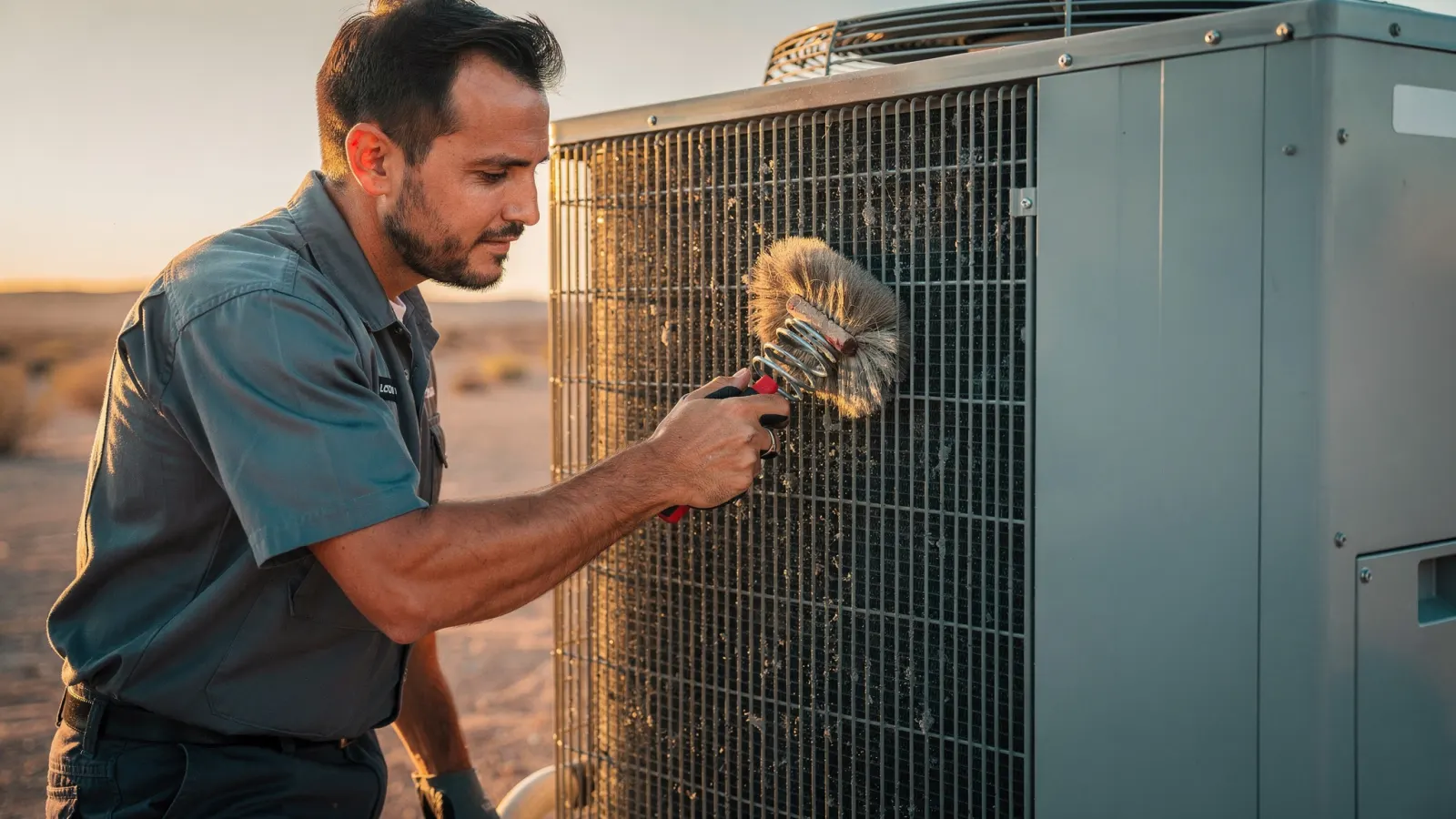 Technician cleaning the coil fins of a heat pump outdoor unit during a tune-up