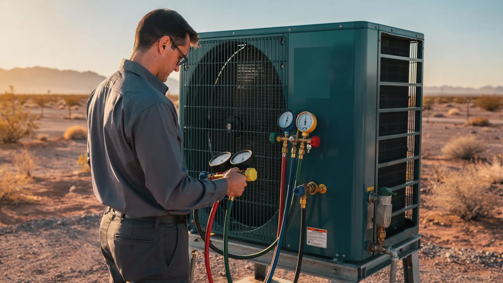 Technician reading refrigerant gauge pressures on a heat pump outdoor unit