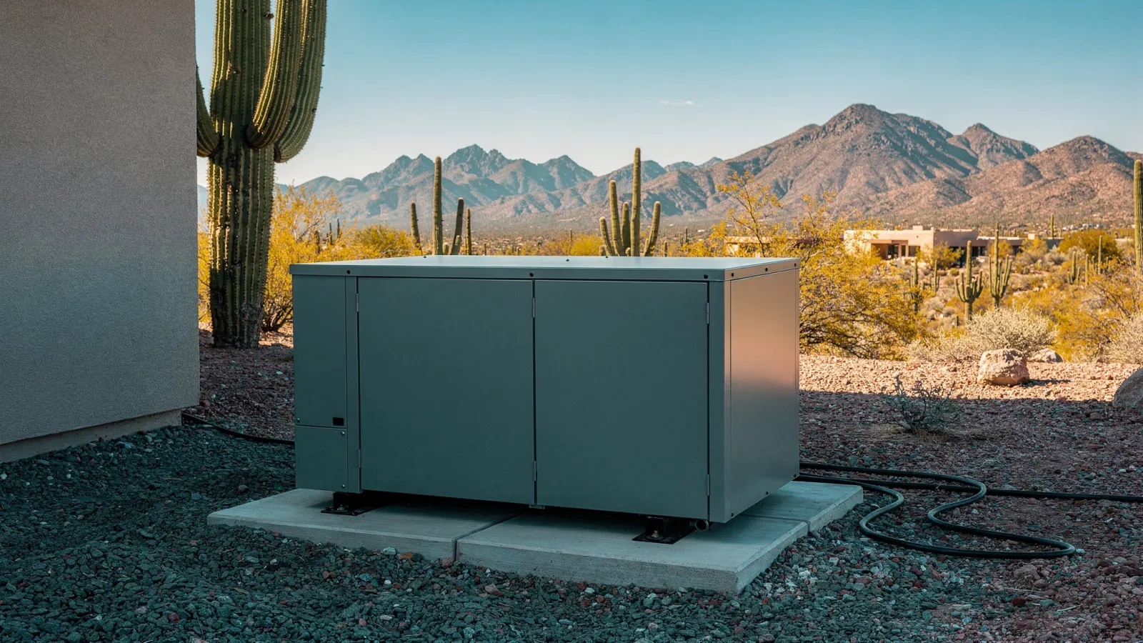Modern heat pump outdoor unit beside a desert home with saguaro cactus and mountains