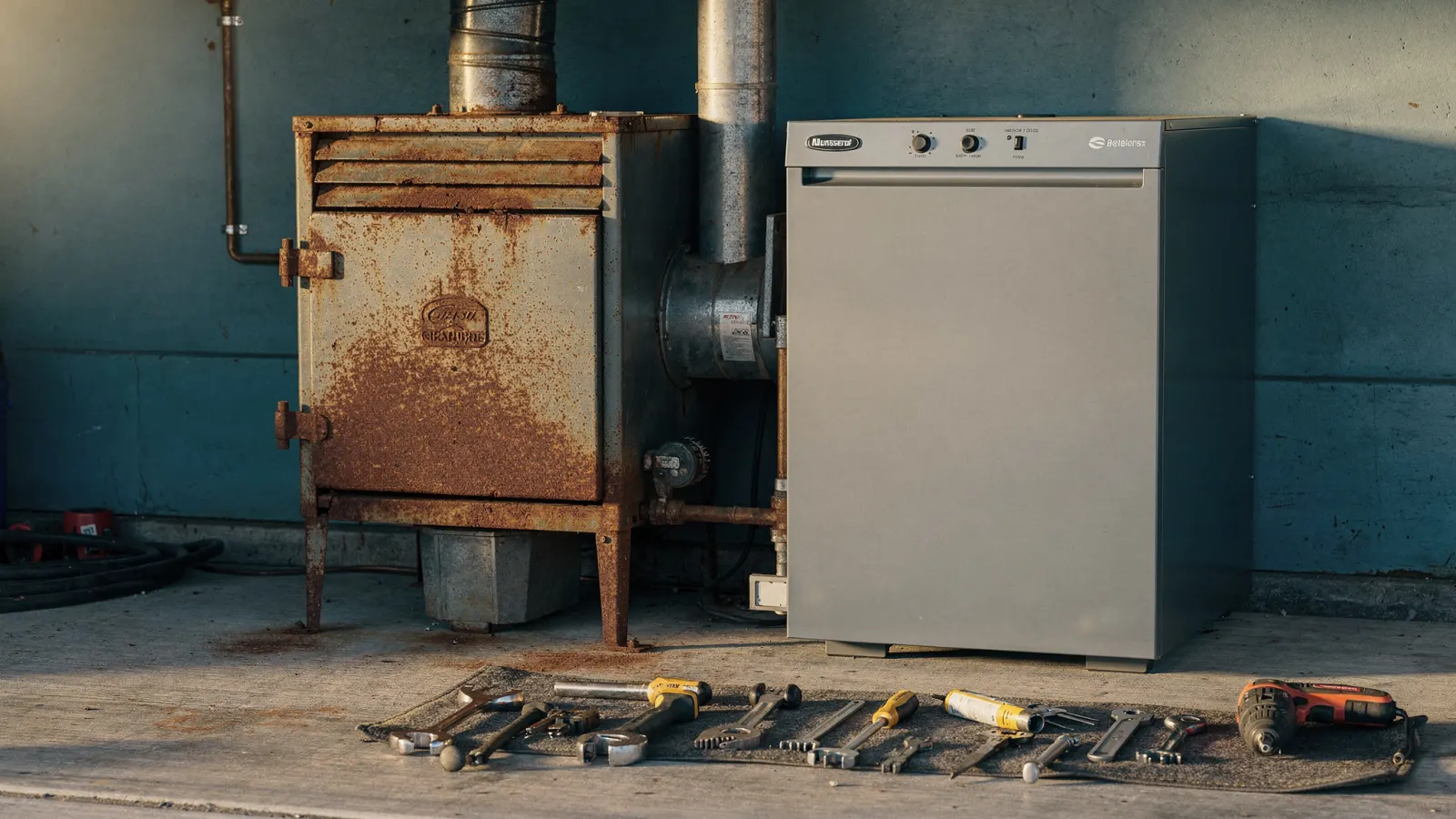 An old rusted furnace next to a new high-efficiency furnace in a garage utility space