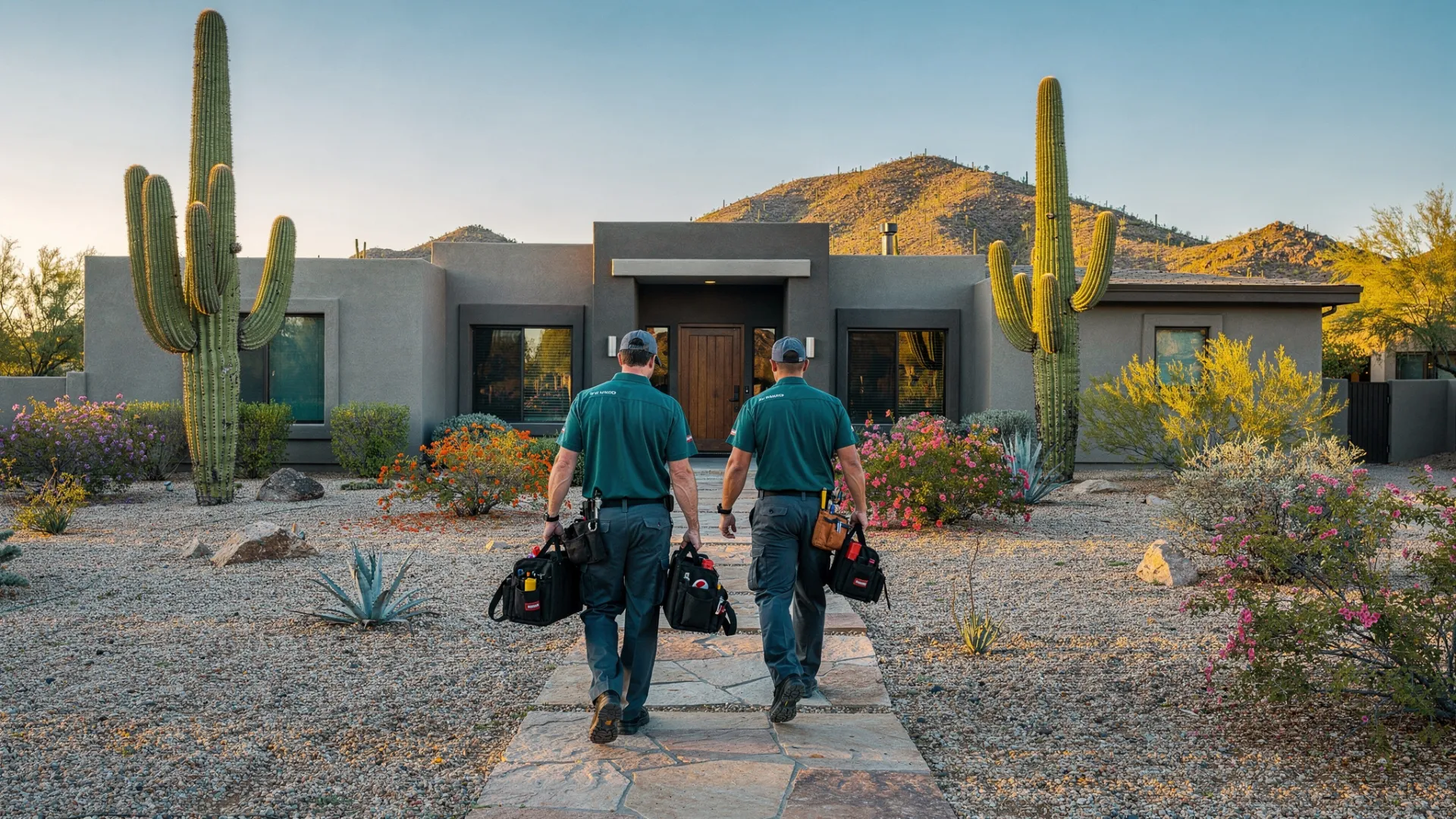 Service van of HVAC Specialists of Scottsdale parked in the driveway of a stucco desert home at sunrise