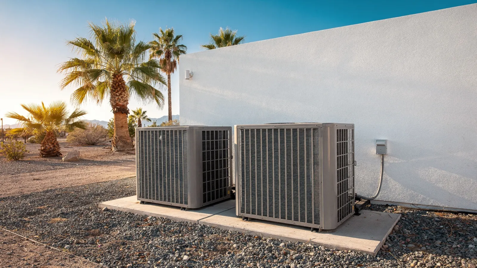 Two outdoor air conditioning condenser units beside a modern Scottsdale home
