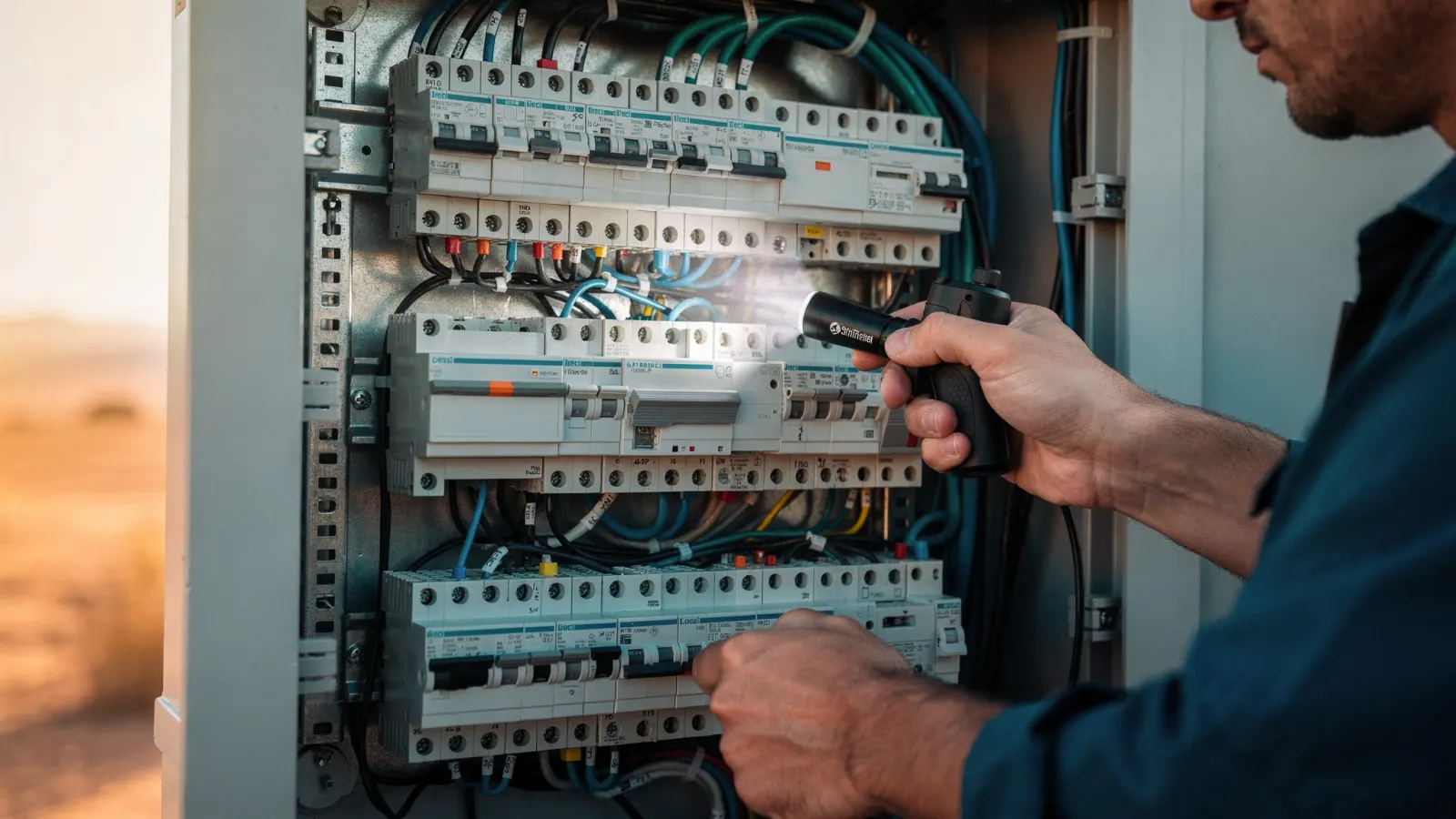 Electrician reviewing an organized residential service panel with a flashlight