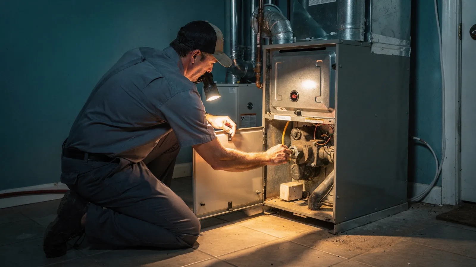 Technician inspecting the open blower compartment of a gas furnace in a residential utility closet