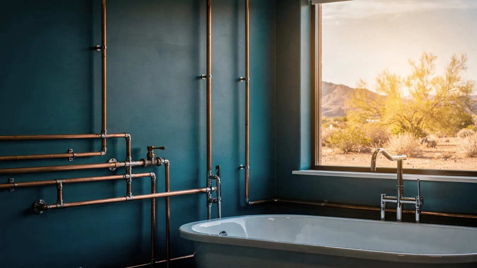 Remodeled bathroom with brushed chrome fixtures and neat copper supply piping