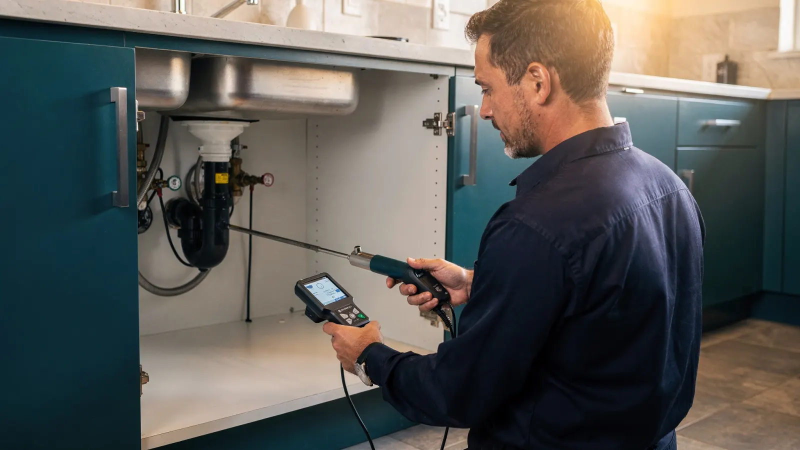 Plumber using an acoustic leak detector under an open kitchen sink cabinet
