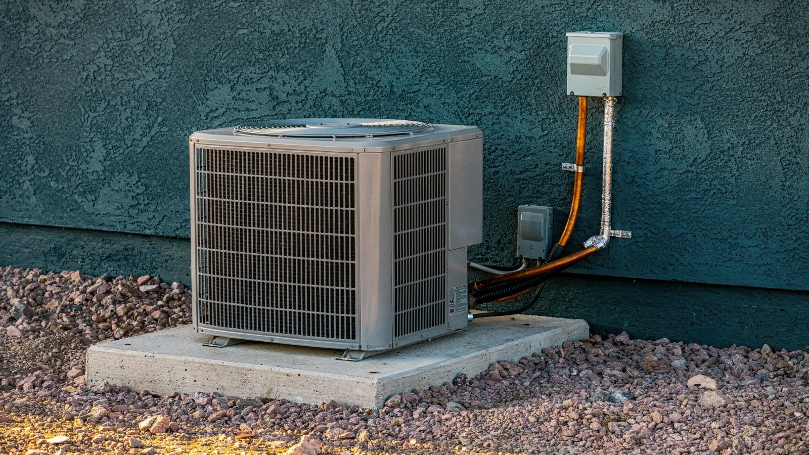 Completed AC condenser installation with tidy copper lines and clean desert landscaping