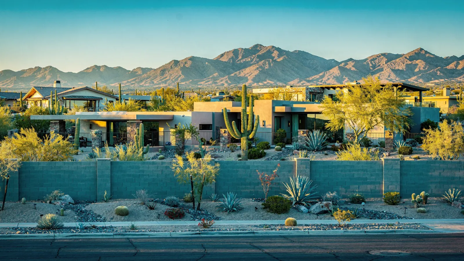 Luxury Paradise Valley estate homes behind tall walls with sculpted desert landscaping and mountain views