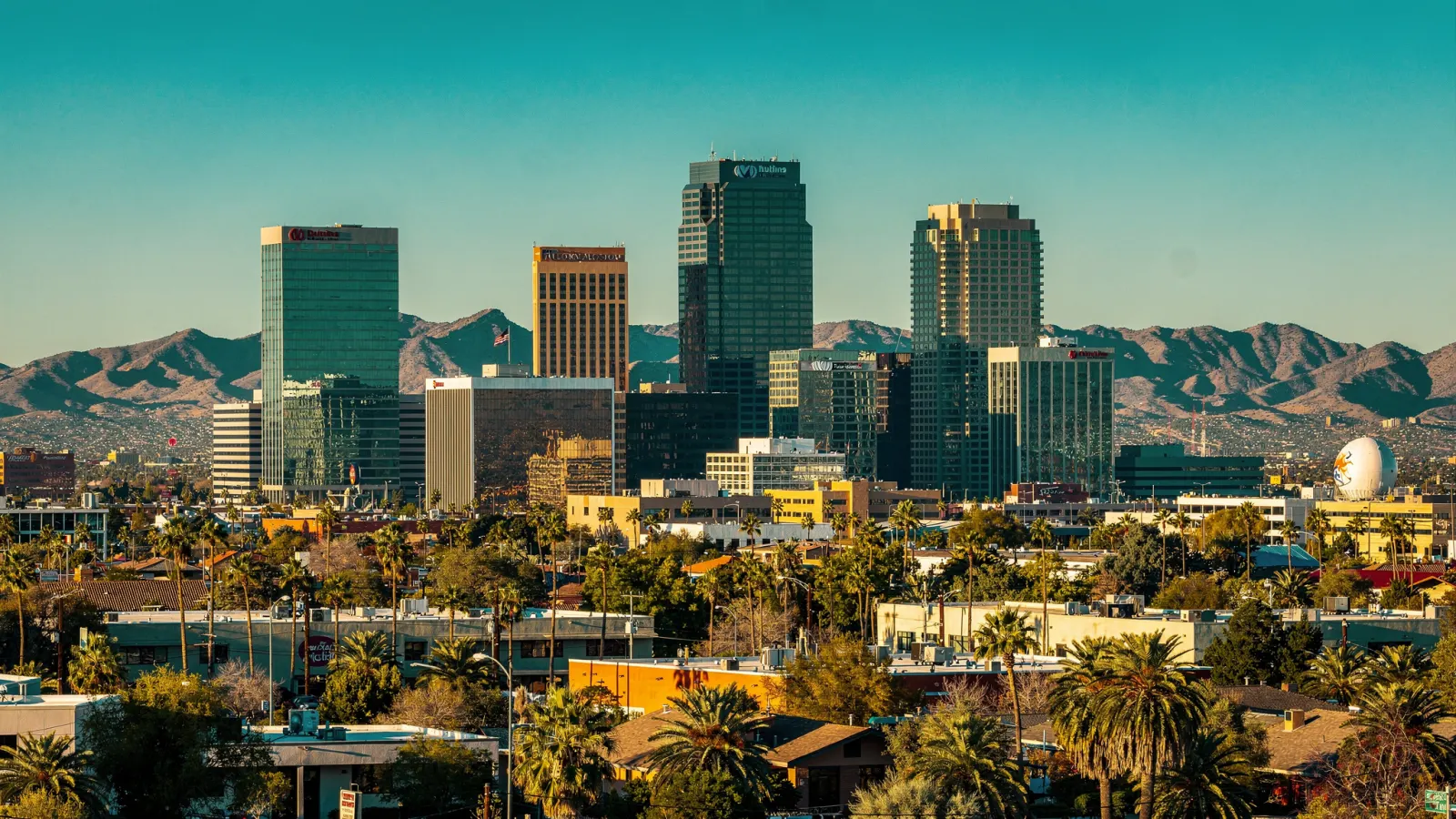 Downtown Phoenix Arizona skyline with palm trees and desert mountains in the background