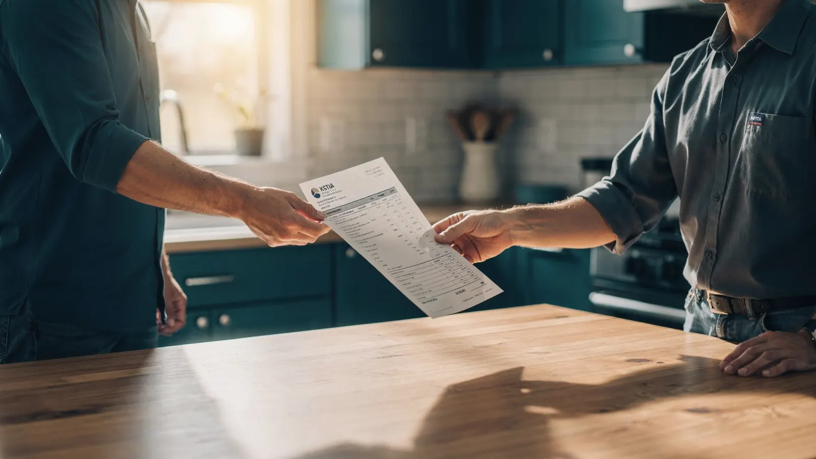 Technician handing a printed itemized estimate to a homeowner at a kitchen table