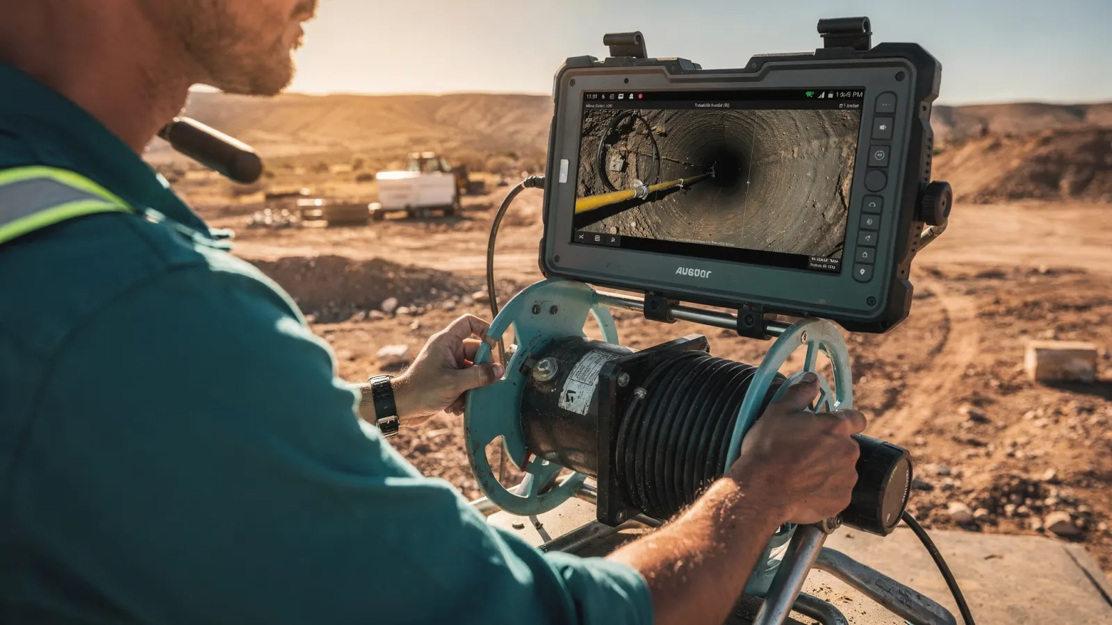 Technician guiding a sewer camera reel while a monitor shows the inside of a drain line