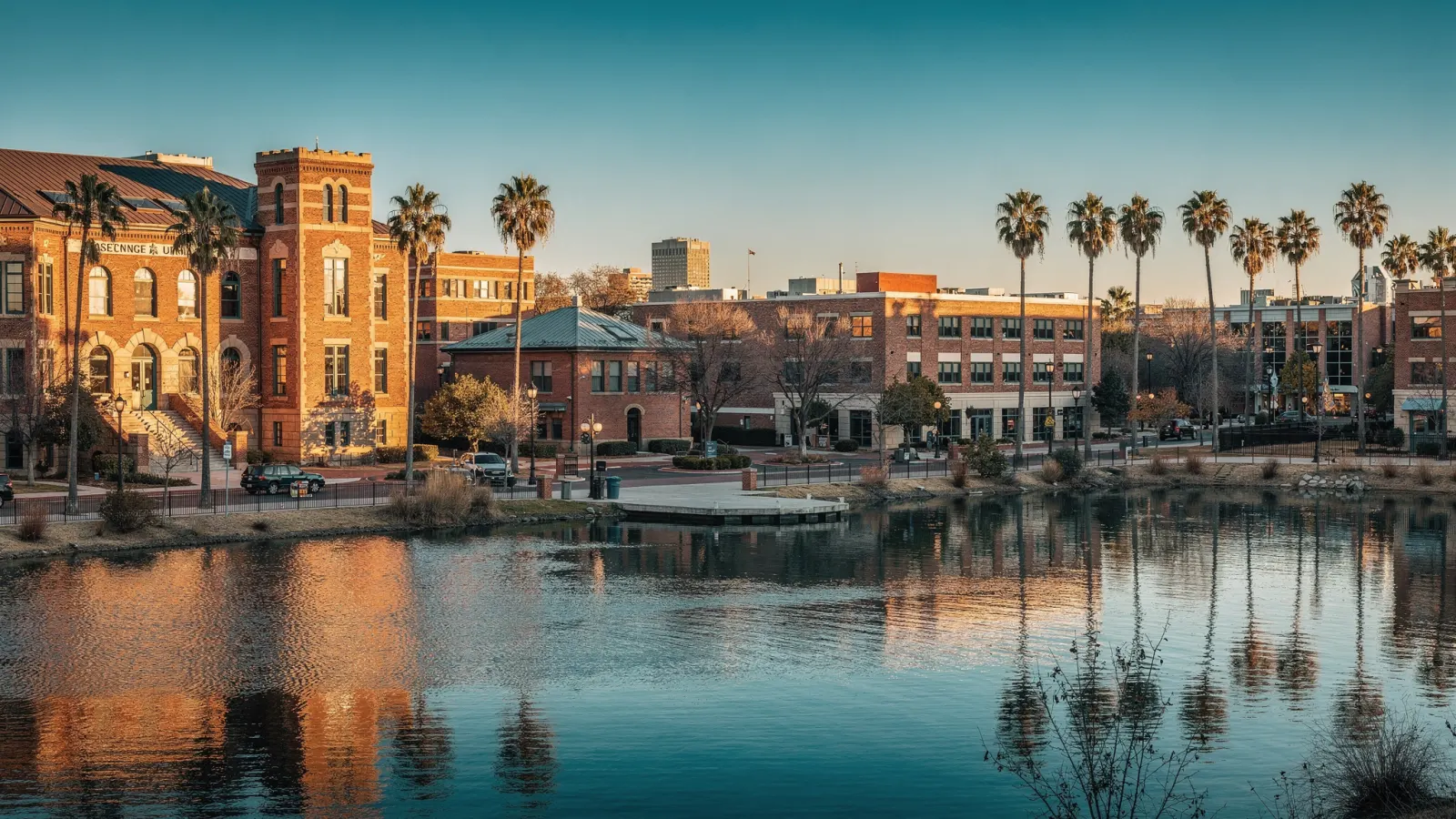 College town district in Tempe with historic brick buildings, an urban lake and palm trees