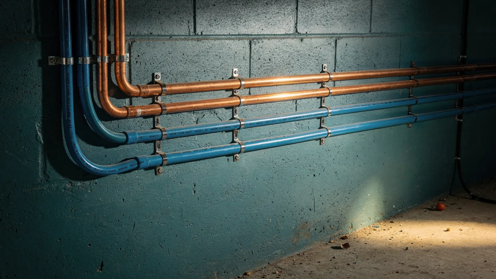 New copper and PEX water lines installed neatly along a wall with secured hangers