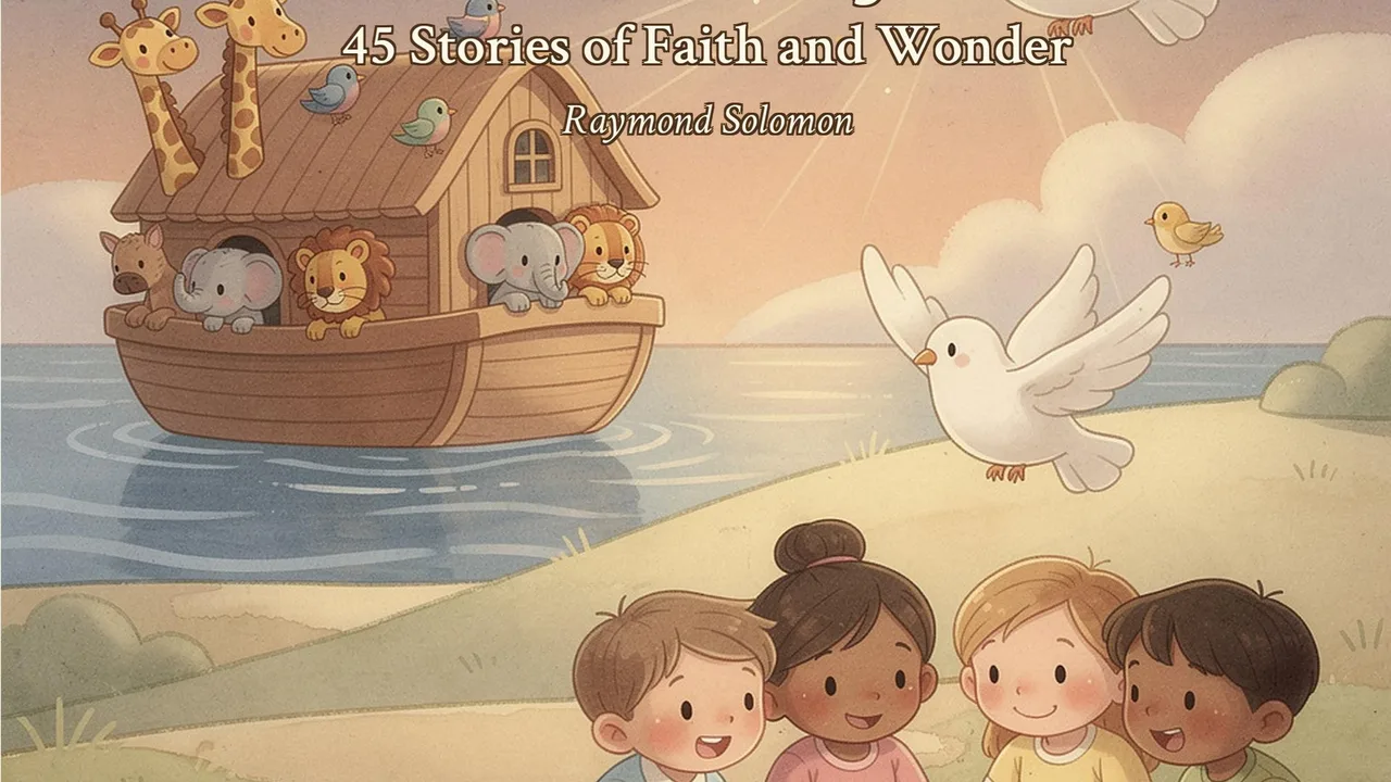 The Little Ones' Bible Treasury book cover - watercolor illustration with Noah's arc, doves and children reading