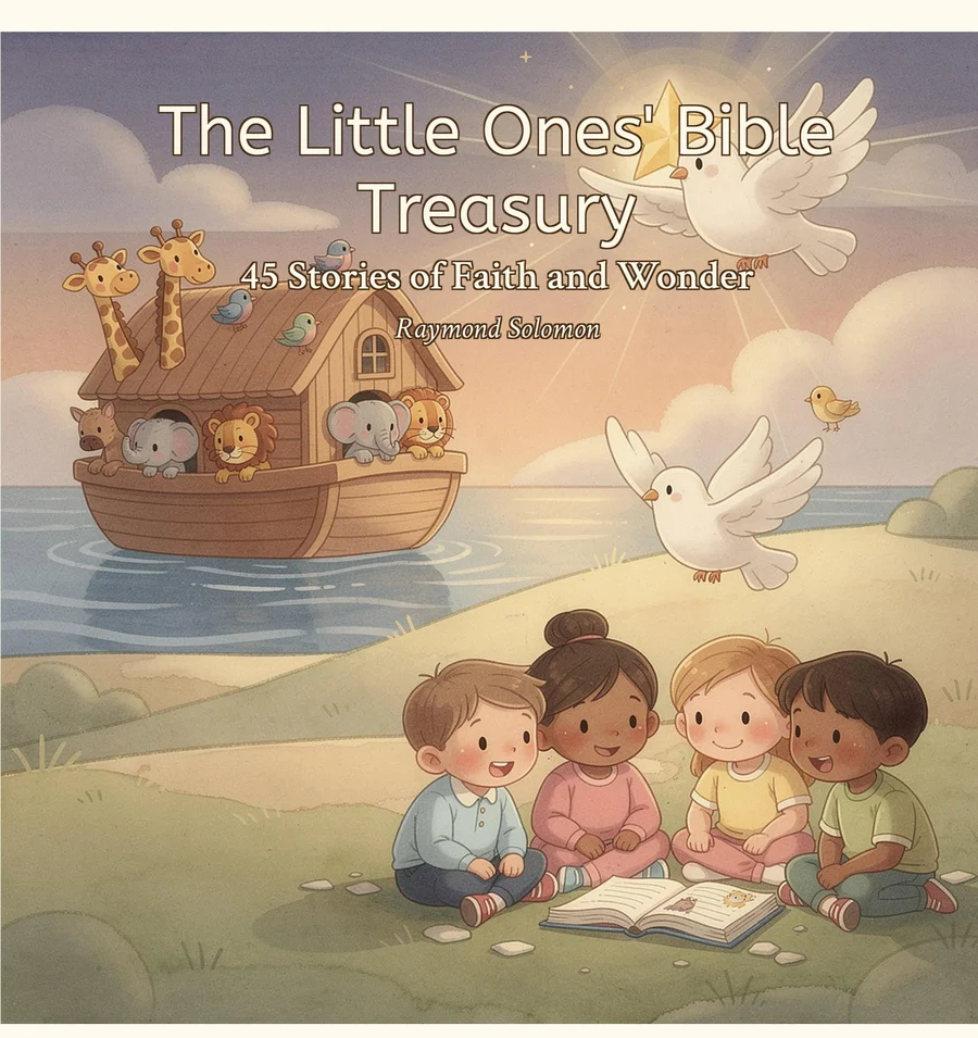 Front cover of The Little Ones' Bible Treasury - watercolor illustration with Noah's ark, doves and children reading