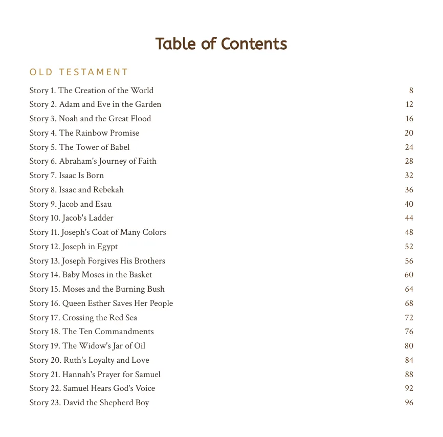 Table of contents, Old Testament