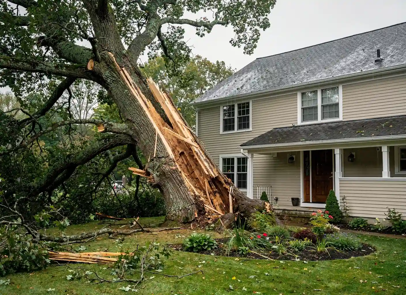 Hazardous oak tree leaning toward a house before removal