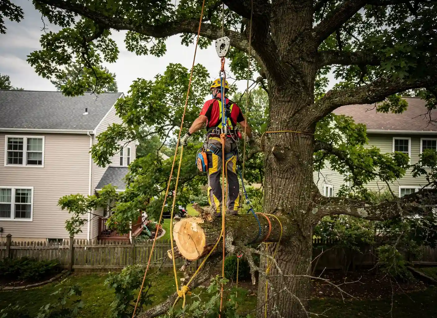 Climber rigging a branch down between two houses