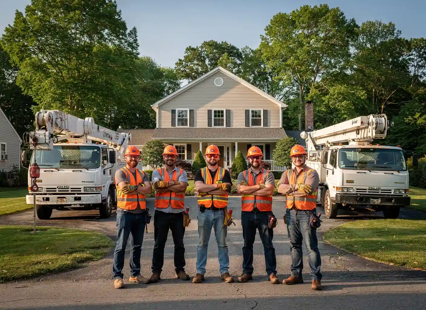 The North Haven Tree and Crane Co. crew in hard hats and safety vests in front of their trucks