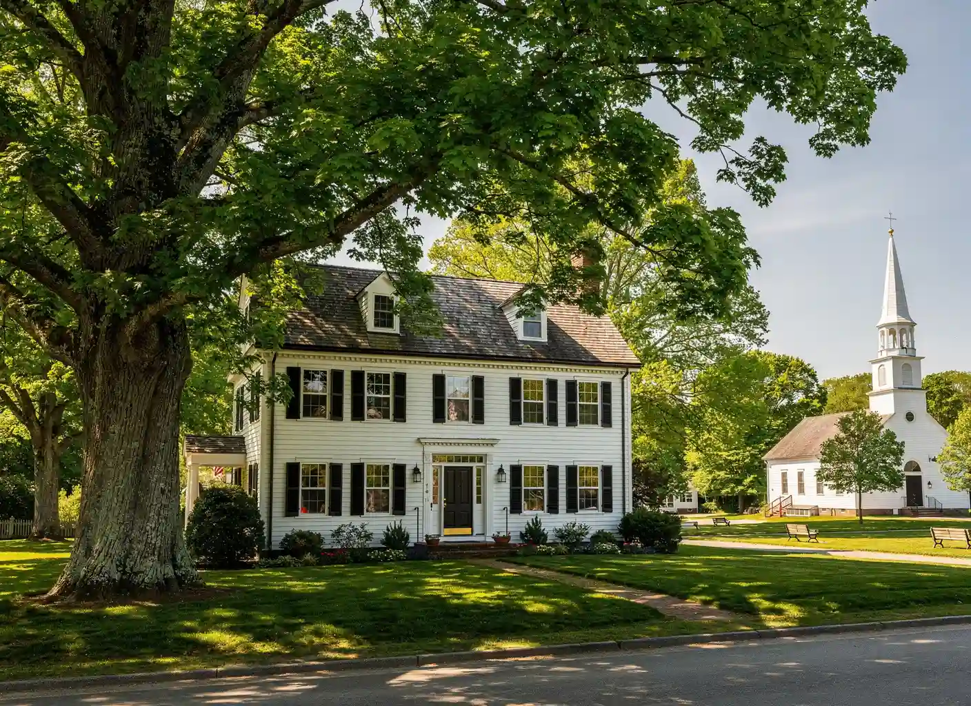 Historic Durham home with large old shade trees near the town green
