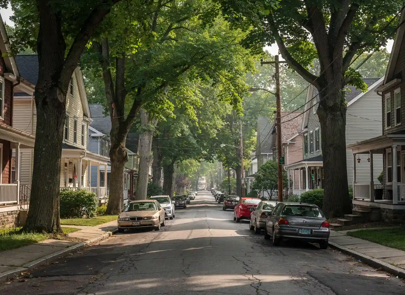 Meriden neighborhood street with mature trees and close-set houses