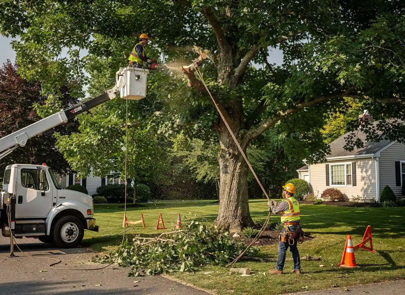 Crew in a bucket truck cutting a branch with a chainsaw while rigging lowers it under control