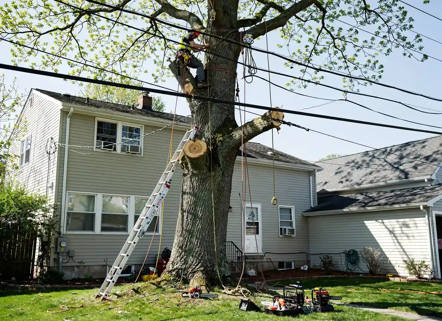 Arborist dismantling a tall tree section by section near a house and power lines